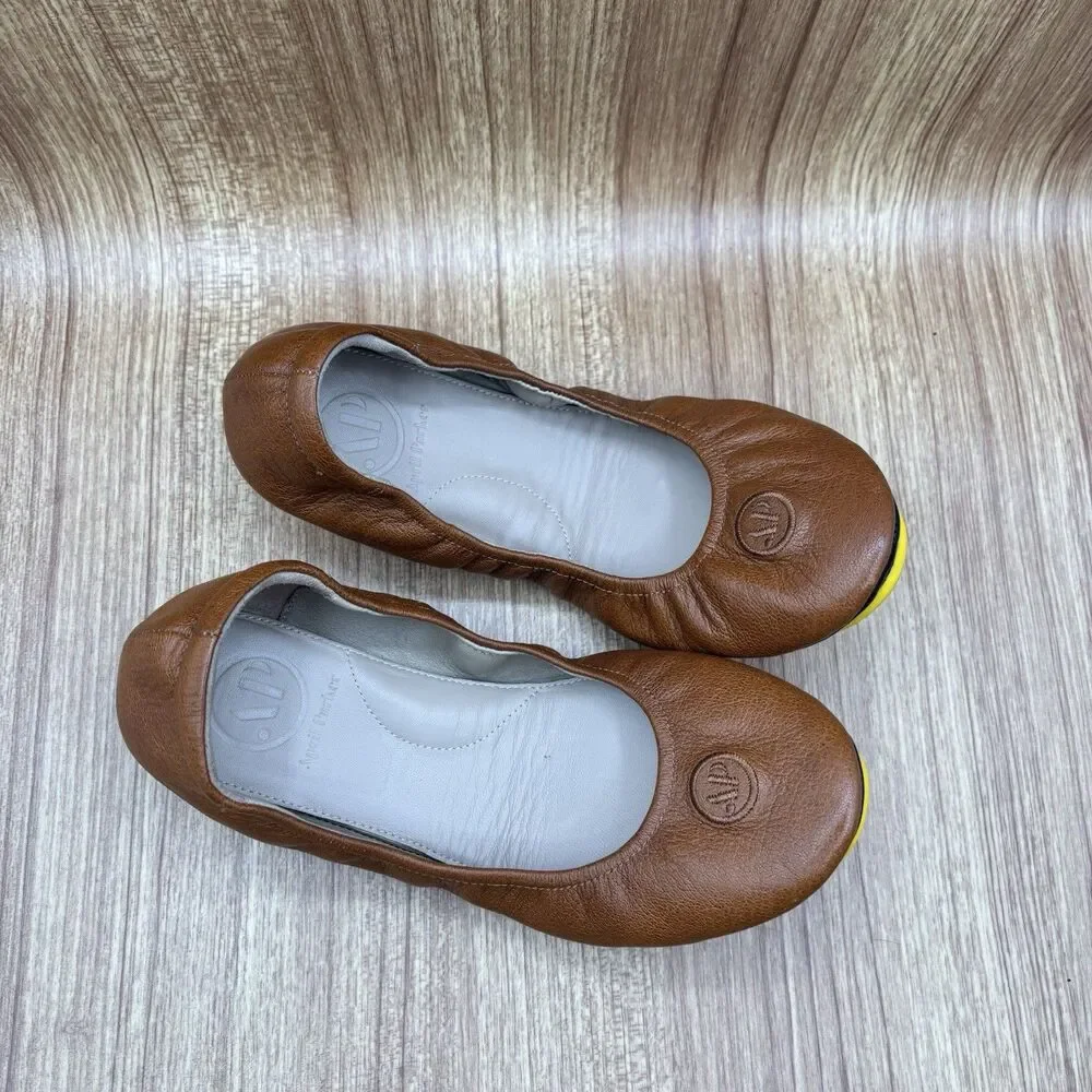 April Parker-Perfect Flat Ballet‎ Shoes 7M Tan Leather Foldable Sole
